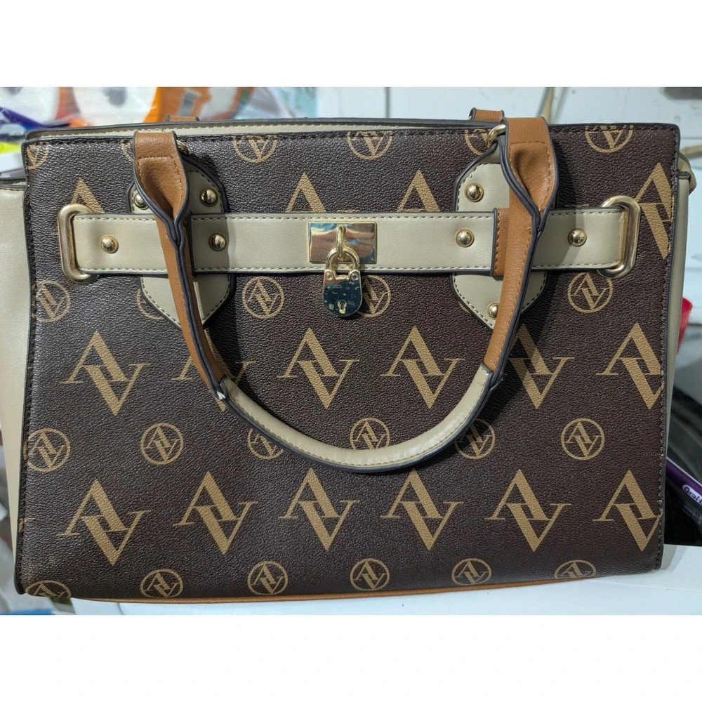 Adrienne Vittadini Womens Monogram Satchel Handbag Brown Tan Gold Hardware AV